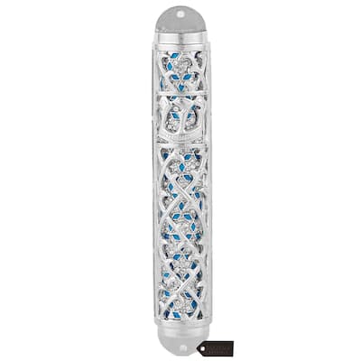 Matashi Hand Painted Enamel 7'' Mezuzah Embellished with Hebrew Shin & Crystals Home Door Wall Decor Housewarming Present Gift