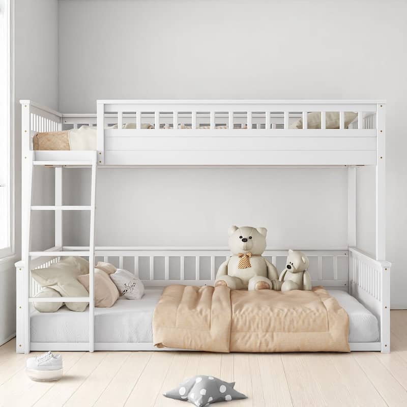 Convertible Twin XL Over Queen Size Bunk Bed with Safety Rails, Ladder and Wood Slats, No Box Spring Needed