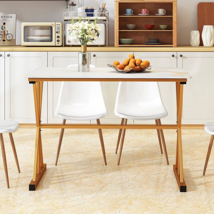 Golden and White Sintered Stone Dining Table with Metal Frame 135 lbs Capacity - 44" x 28" x 30"