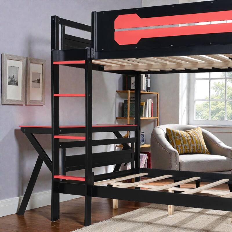 Twin/Full Gaming Bunk Bed with Dual Desks, USB Charging Ports and Pegboard Organizer, Gamer Bunk Frame