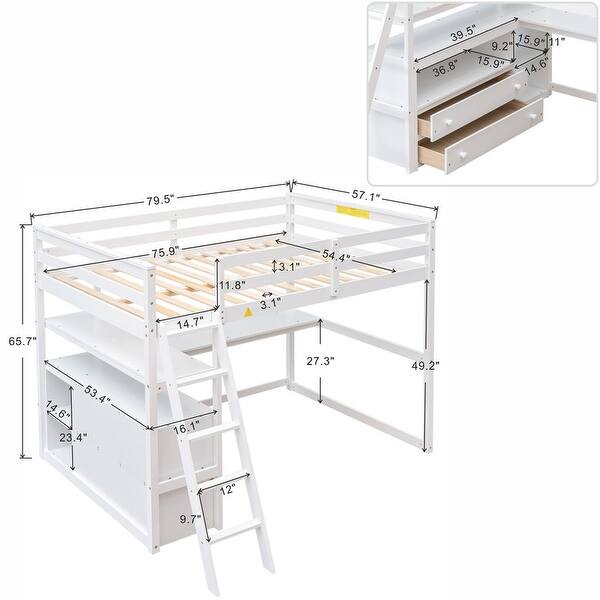 dimension image slide 1 of 2, Wood Loft Bed Sturdy Frame with Desk and Shelves,2 Drawers,Full Size