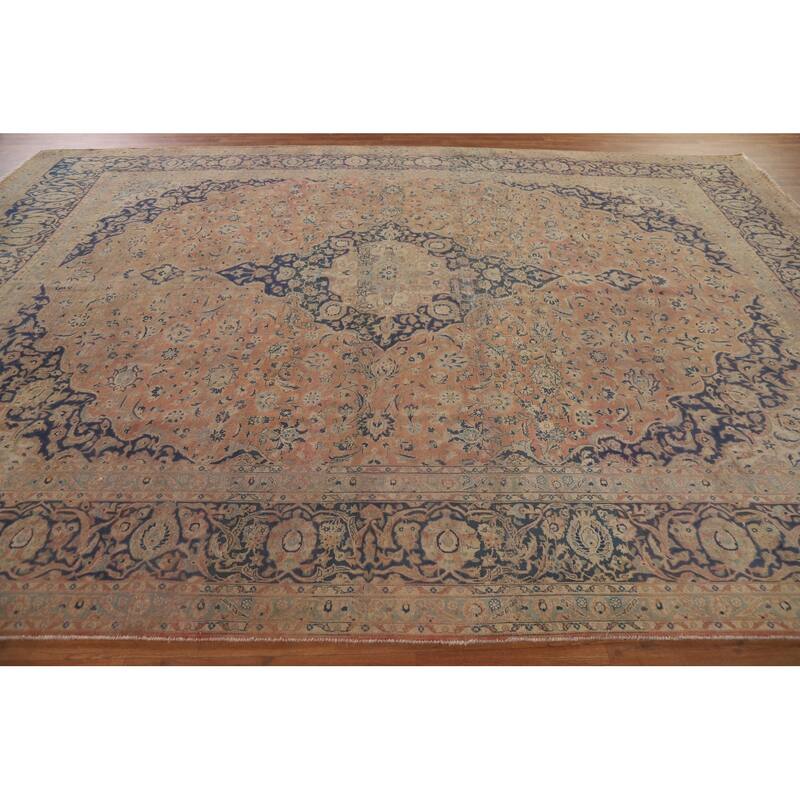Distressed Kashan Persian Antique Area Rug Handmade Wool Carpet - 9'9" x 13'3"