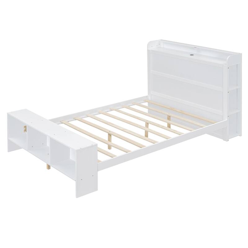 HomeRoots White Wood Full Bed Frame With LED Lighting And USB