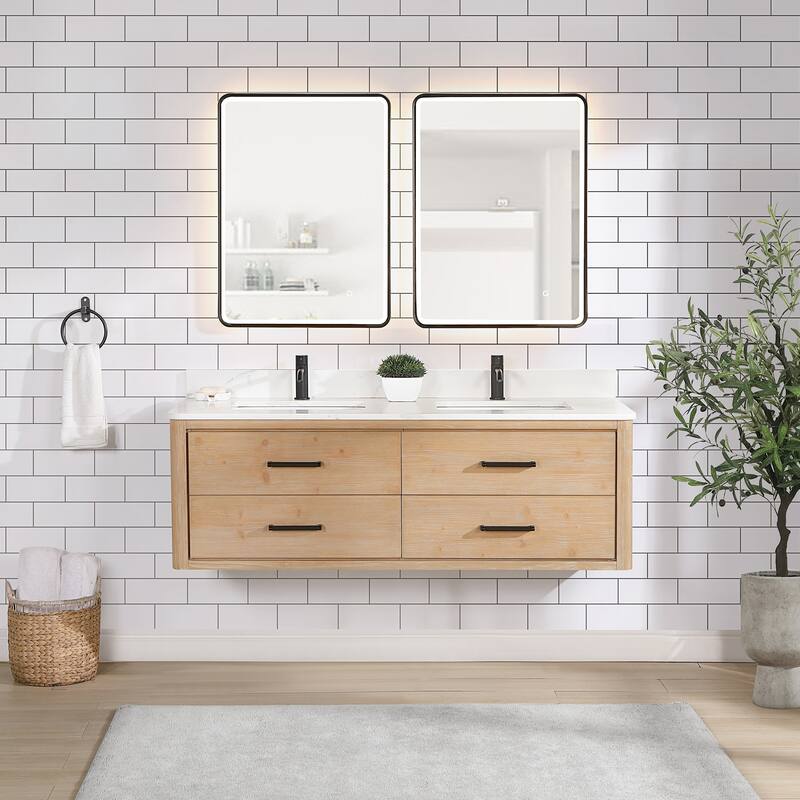 Cristo Floating Bath Vanity with White Quartz Stone Top without Mirror