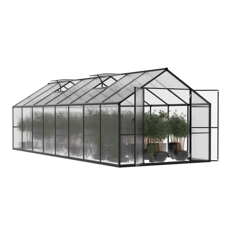 VEIKOUS Aluminum Walk-In Garden Greenhouse Kit with Adjustable Roof Vent and Lockable Door Grey