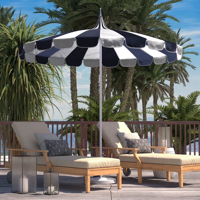 California Umbrella 8.5' Pagoda Series Patio Umbrella White Aluminum Pole Push Lift Sunbrella Natural and Pacific Blue - Natural and Navy Blue