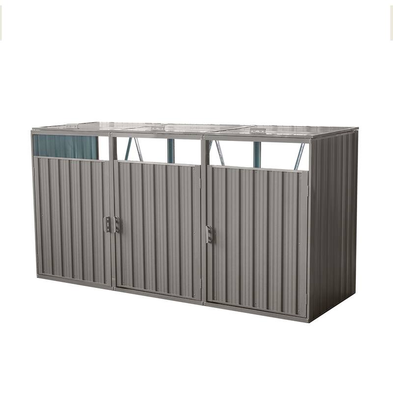 Garbage Bin Shed Stores 3 Trash Cans Metal Outdoor Bin Shed for Garbage Storage,Stainless Galvanized Steel, Bin Shed