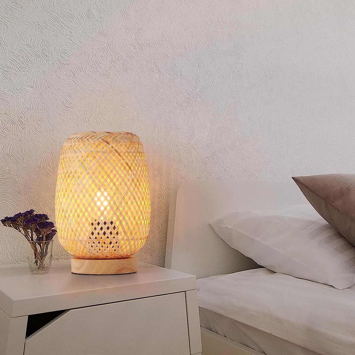 Bamboo Wicker Table Lamp - Handmade Boho Nightstand Light, Farmhouse Bedside Lamp (Bulb Not Included)