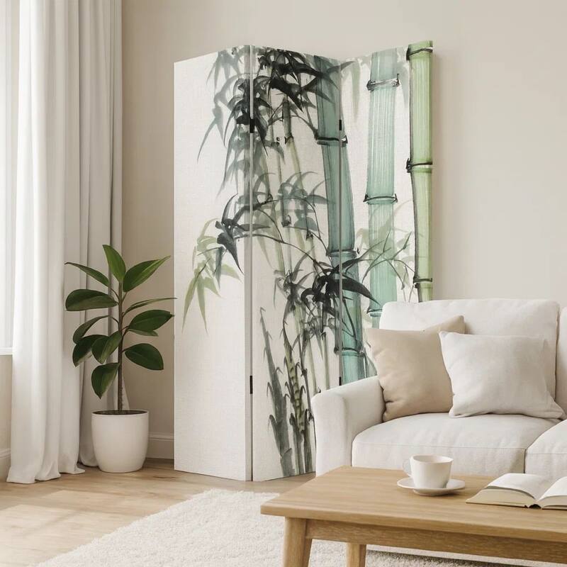 72 Inch 3 Panel Canvas Room Divider with Bamboo Print,Multicolor