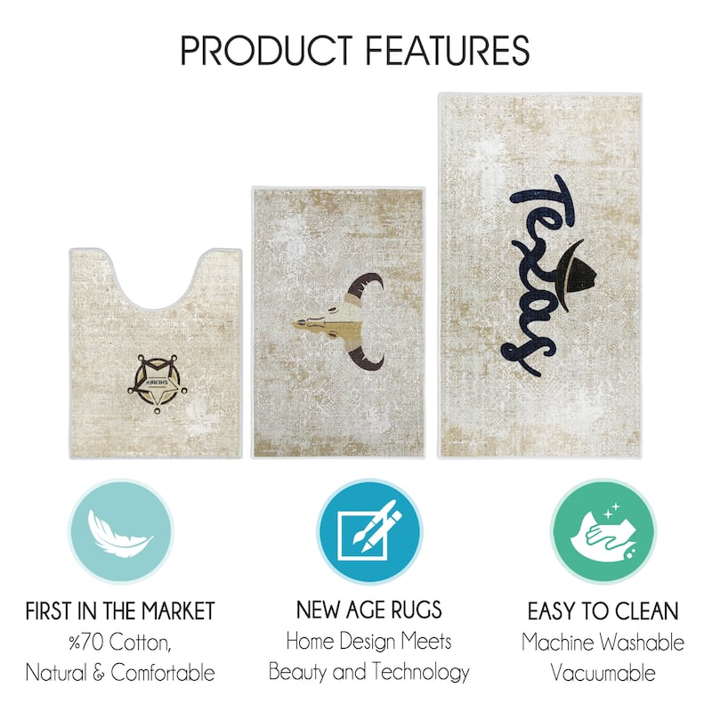 US States Design 3 Piece Bathroom Rugs Set - Non-Slip Ultra Thin Bath Rugs for Bathroom Floor - Washable Bathroom Mats Set