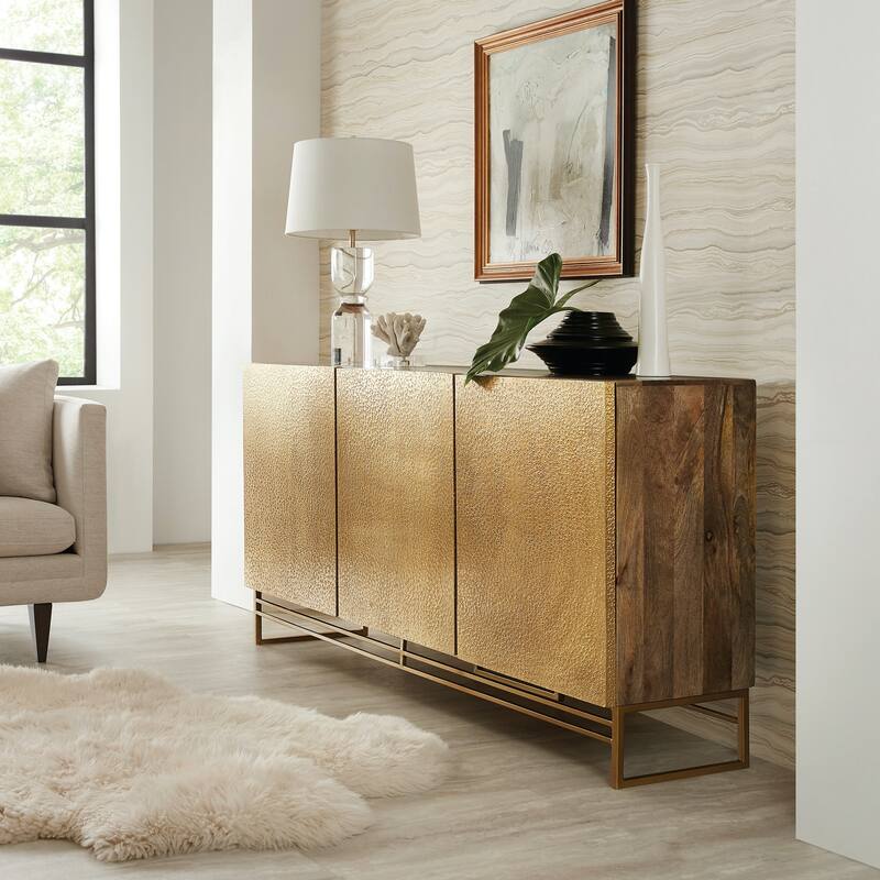 Hooker Furniture Modern Industrial 69" Wide 3 Door Brass Foil Home - Light Natural / Gold