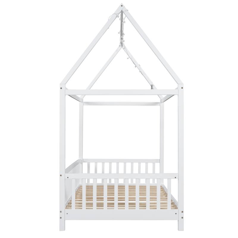 Kids Wooden Bed with Roof and Fence Style Frame, LED Lights and Full Guardrail Design