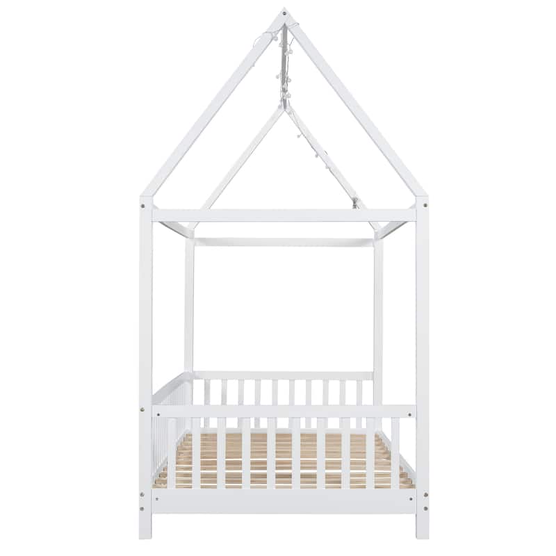 Solid Wood House Bed with Guardrail, LED, and Roof