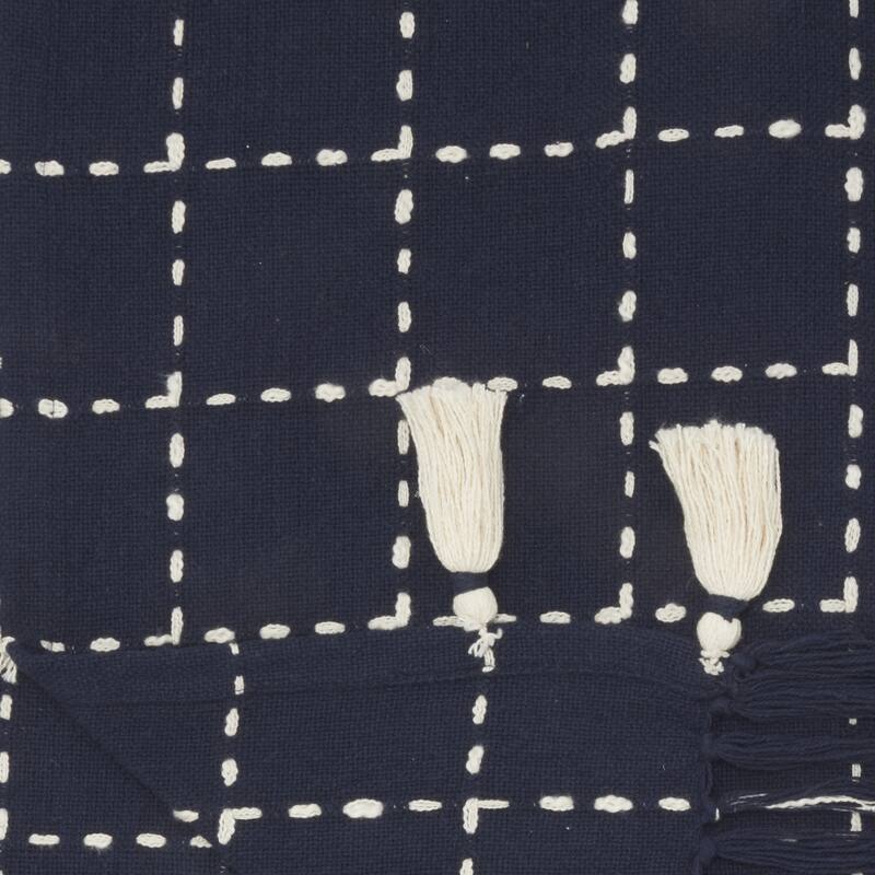Navy and White Stitched Square Pattern Cotton Throw Blanket