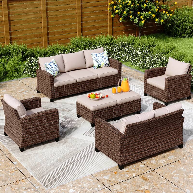 9-Seat Patio Furniture Wicker Rattan Outdoor High-back Sectional Sofa Conversation Set with Firepit Table