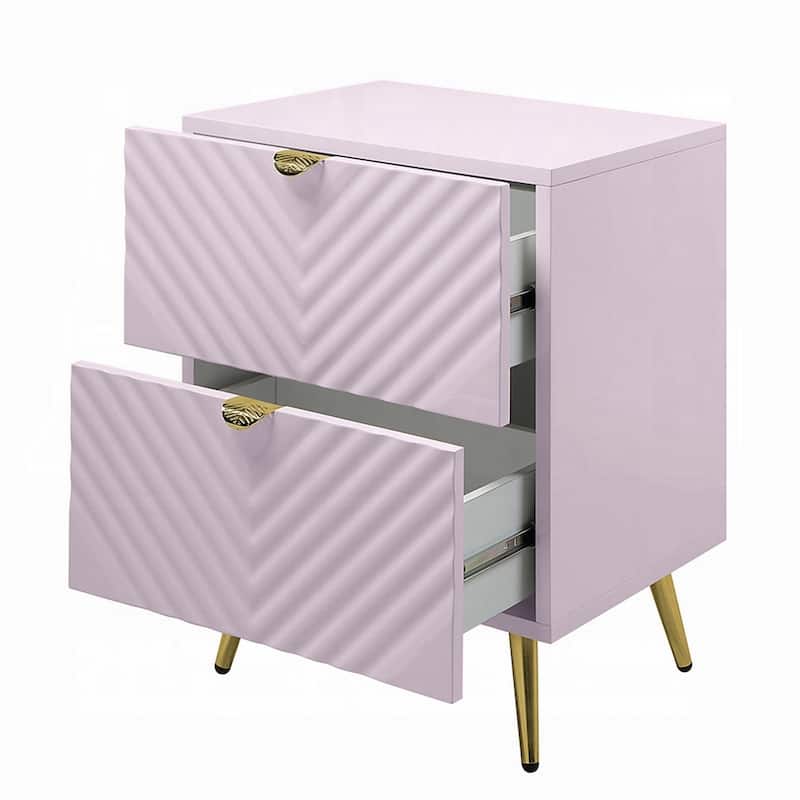 Tyra Nightstand, Geometric 2 Drawers, Gold Metal, 25 Inch Pink Wood