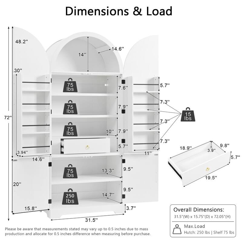 72" Arched Pantry Cabinet with 8 Shelves, Hidden Drawer for Kitchen, Dining & Bathroom
