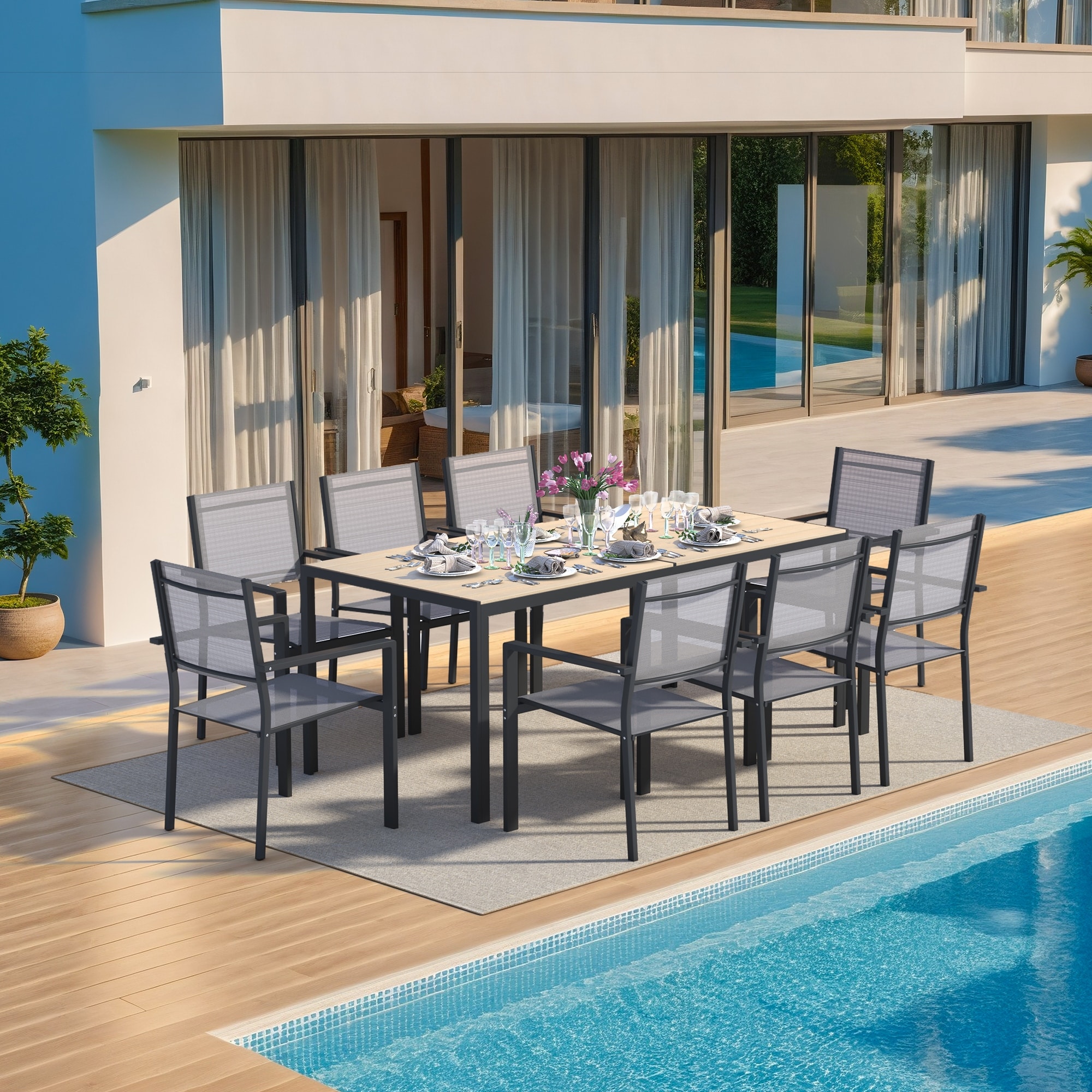 5/ 7/ 9 -Piece Outdoor Dining Set with WPC Tabletop & Stackable Textilene Chairs – Rust-Resistant Patio Furniture