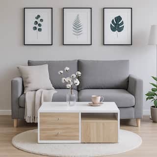 2 Drawer Contemporary Coffee Table with Pull Out Table, White and Brown