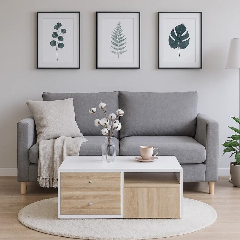 2 Drawer Contemporary Coffee Table with Pull Out Table, White and Brown