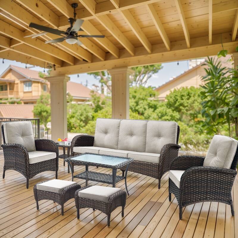 Outdoor PE Sofa Chair with Ottmans and Coffee Table - Beige - Brown