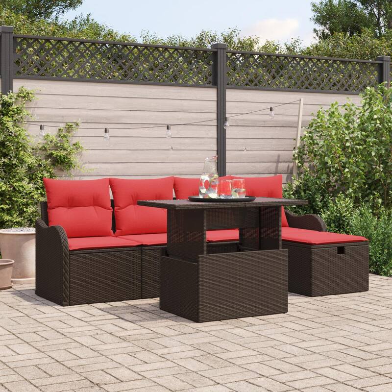 vidaXL 6 Garden Sofa Set with Cushions Black/Brown/Grey Poly Rattan - 90.9 x 46.1 x 27.2 - Brown