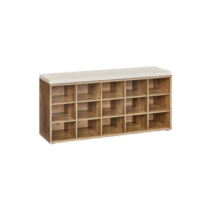 15-Cube Shoe Storage Bench with Cushion Seat and Adjustable Shelves Perfect for Entryway or Living Room - Honey-Brown-Cappuccino-Beige