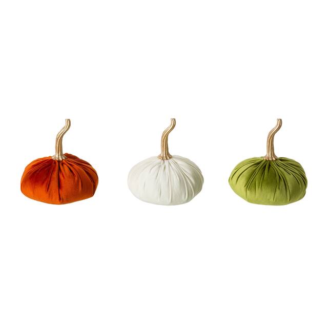 Glitzhome Set of 3 Orange/White/Green Velvet Pumpkins - Multi
