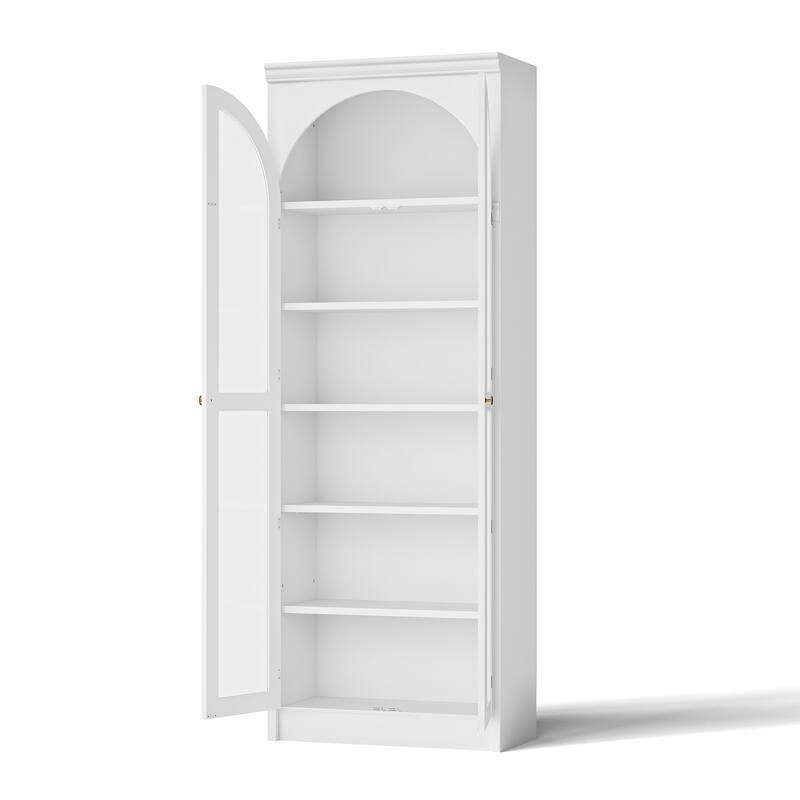 Modular White Bookcase with LED Lights & Glass Doors, 86.6" Tall Arched Display Cabinet Solid WoodStorage Cabinet