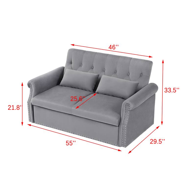 55" Velvet Convertible Pull-Out Loveseat Sleeper Sofa with 2 Pillows