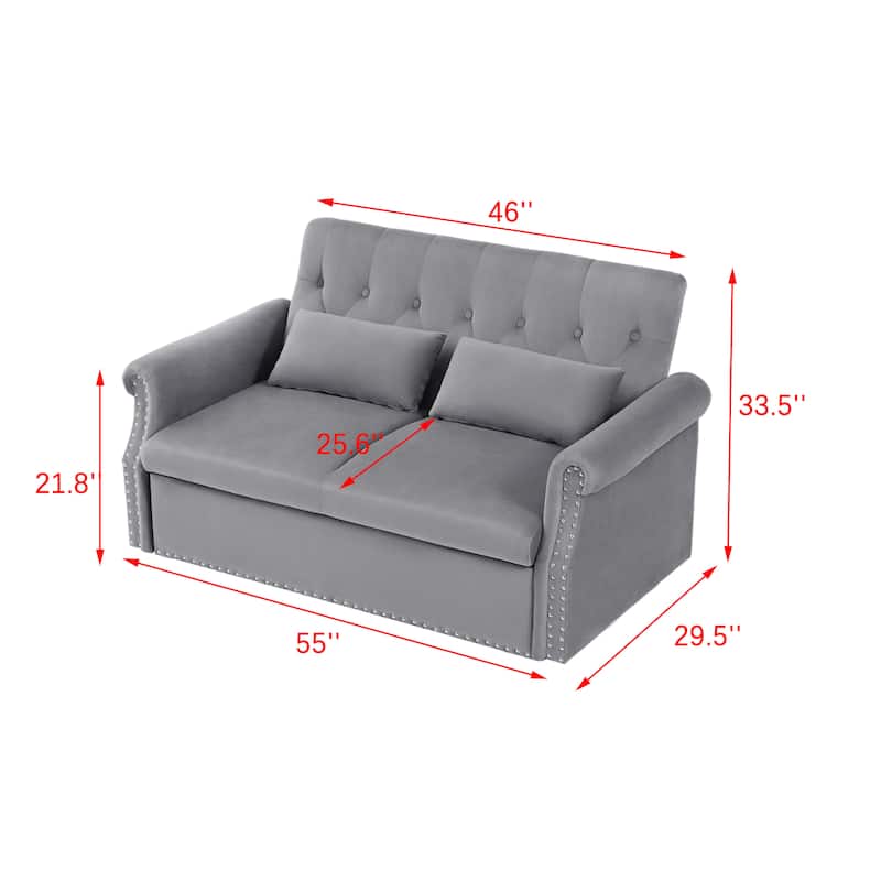 Velvet Pull Out Loveseat Sofa Convertible Sleeper Loveseat Bed with 2 Pillows Rivet Arm Lounge Couch Tufted Sofa