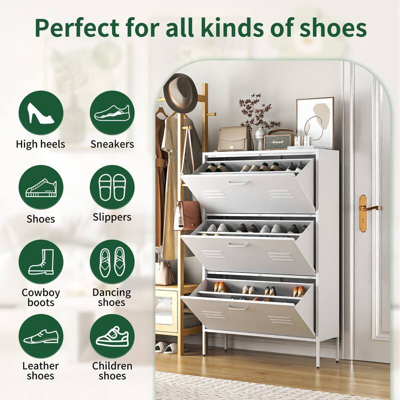 Shoe Storage Cabinet with 3 Flip Drawers, Freestanding Shoe Cabinet Organizer with Metal Frame for Entryway, Hallway, F