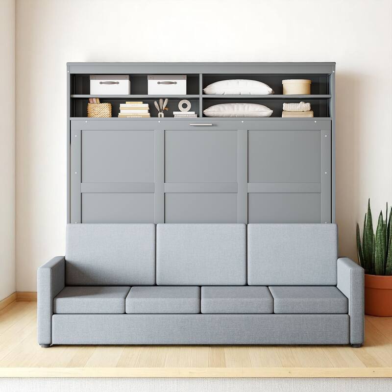 Full/Queen Size Murphy Bed Wall Bed with Sofa & Storage, Foldable Space-Saving Design with Cushion - Grey - Queen