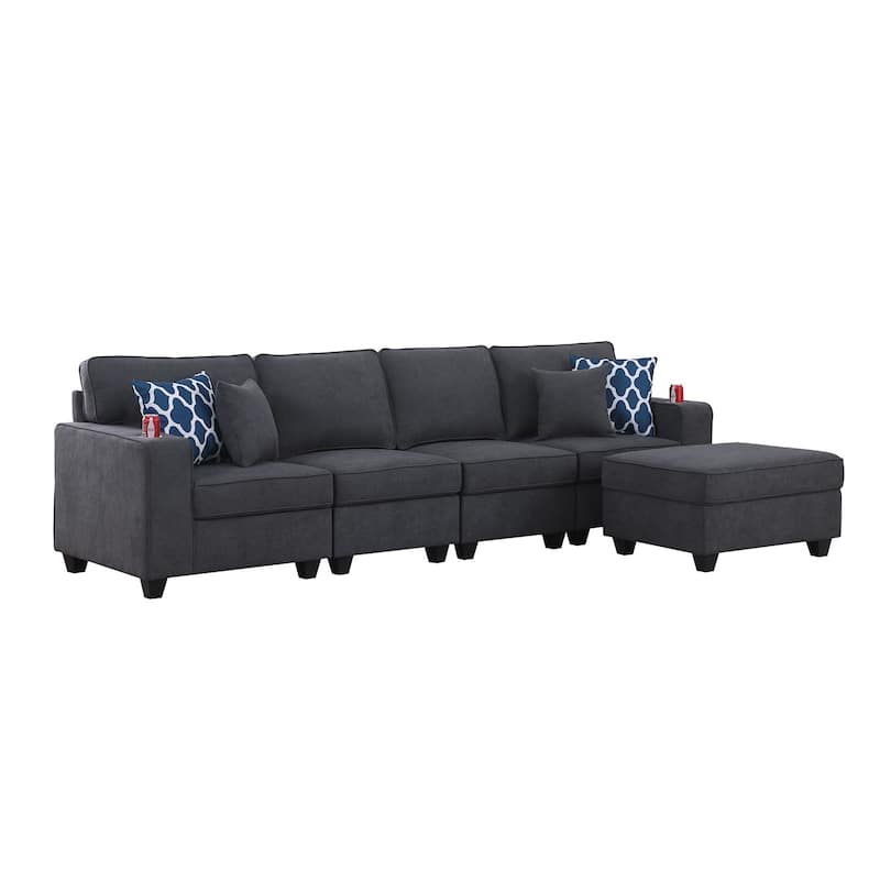 Woven Upholstered 4-Seater Sofa with Ottoman in Stone Gray