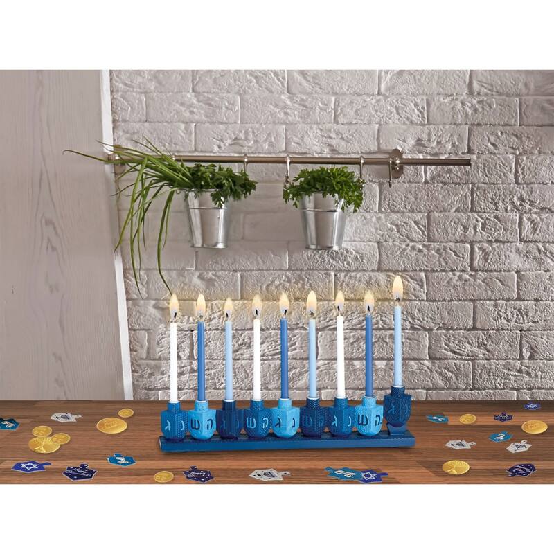 10.25" Blue Hand Painted Hanukkah Dreidels Menorah