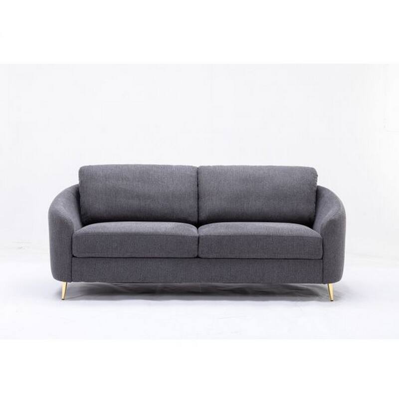 Nial 80 Inch Sofa, Linen Upholstery, Pine Wood, Smooth Gray, Gold Legs