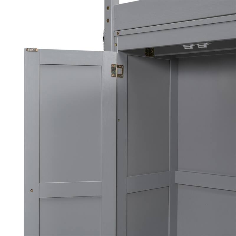 Wood Full Size Loft Bed with Built-in Wardrobe and Storage Shelves