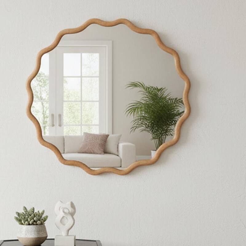 24 inch Wavy Round Solid Wood Frame Decorative Mirror,For Bedroom, Bathroom, Living Room, Entryway - Natural Wood