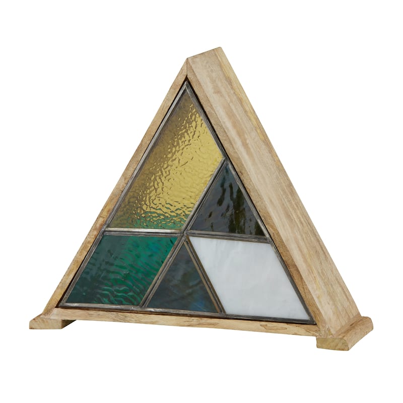River of Goods Wood and Stained Glass Triangle Shade 11-Inch Accent Lamp - 13.5" x 4.5" x 11"