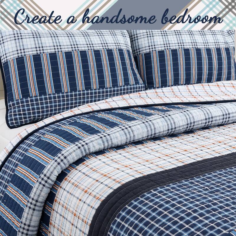 Cozy Line Navy Orange Stripe Reversible Cotton Quilt Bedding Set