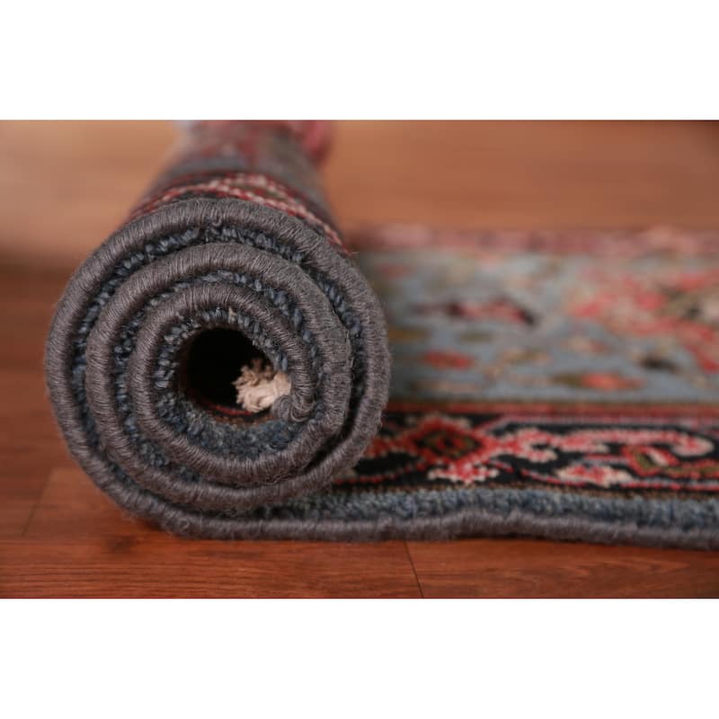 Hand Knotted Oriental 100% Wool Carpet Traditional Geometric Navy Blue & Blues Heriz (serapi) Runner Rug - 7' 11'' X 2' 7''