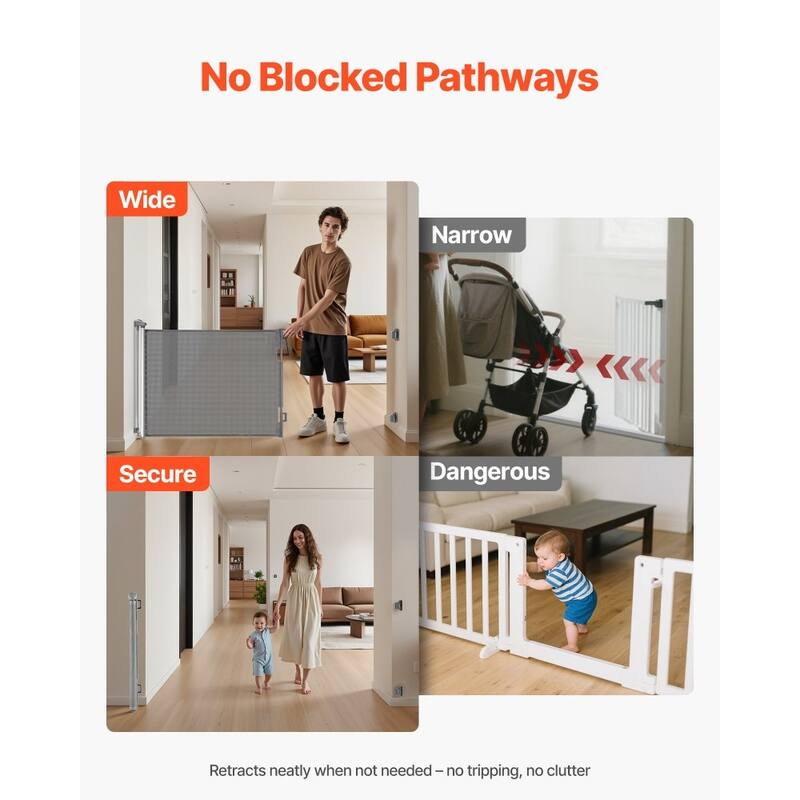 Retractable Baby Gate with Escape-Proof Bottom Hook and Mesh Design for Kids and Pets Safety