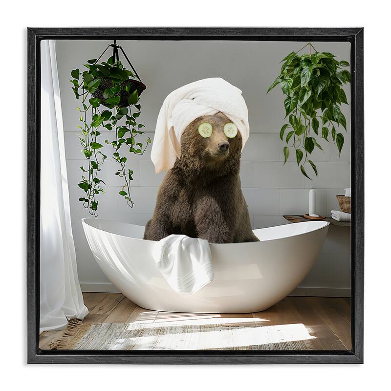 Stupell Bear in Refreshing Spa Bath Framed Floater Canvas Wall Art Design By CAD Designs - 25 x 25 - Black