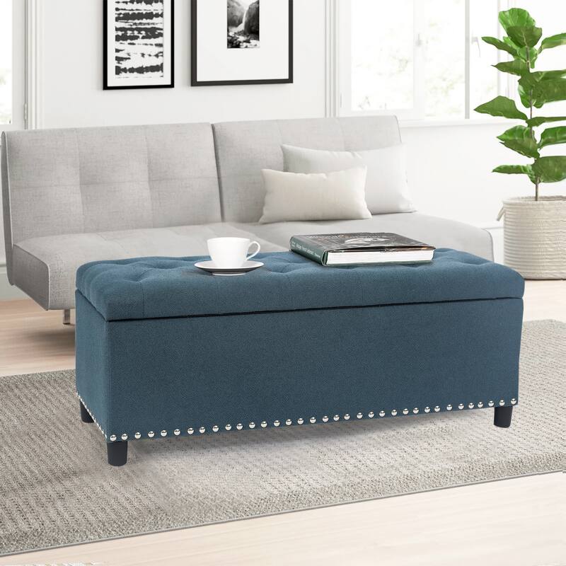 Adeco 41 Inches Storage Bench Linen Tufted Top Ottoman for Living Room