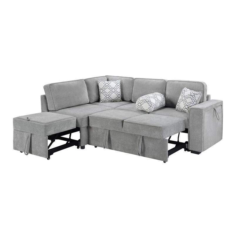 Convertible Sectional Sofa Bed with Flip-Top Table, USB Ports & Cup Holder, Chenille L-Shaped Sofa with Dual Pull-Out Sleepers