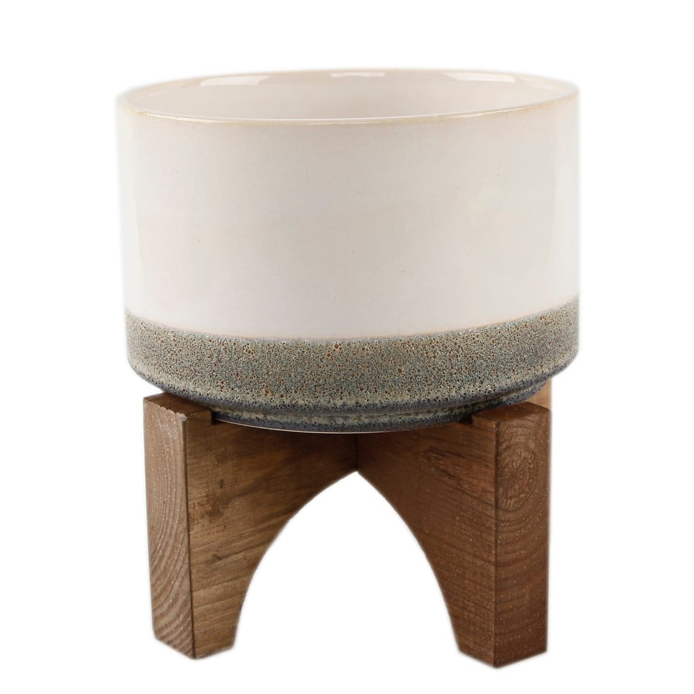 Lava Ceramic and Wood 7-inch Mid-century Planter Stand