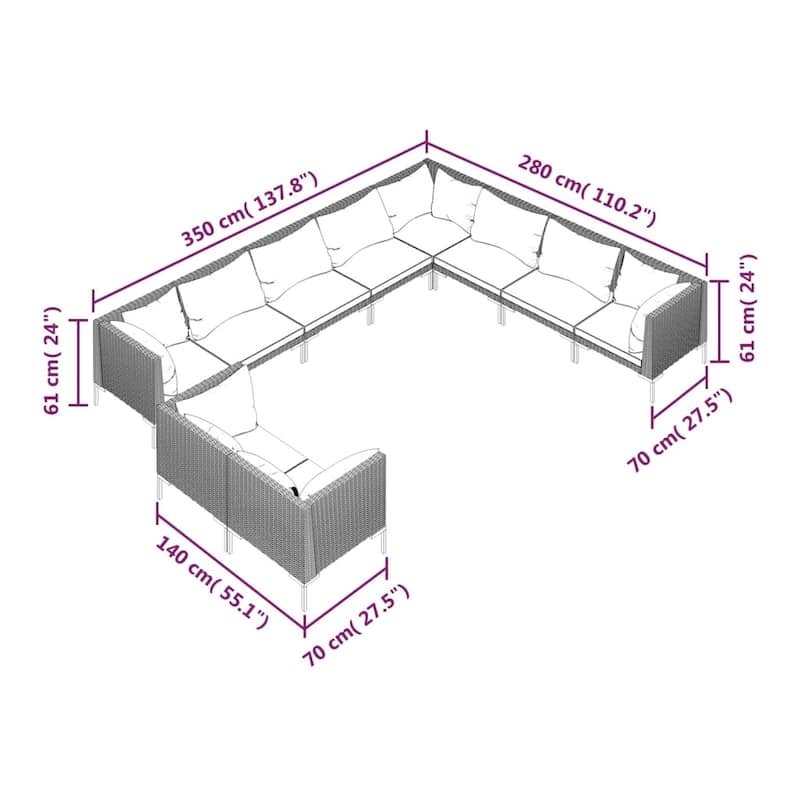 vidaXL Patio Lounge Set Outdoor Sectional Corner Sofa Poly Rattan Dark Grey - 27.6" x 27.6" x 24"