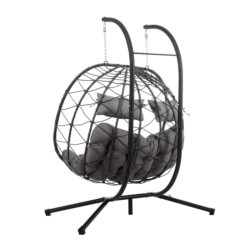 Steel Frame 2-Person Egg Chair with Stand and Outdoor Wicker Hanging Swing for Patio/Balcony