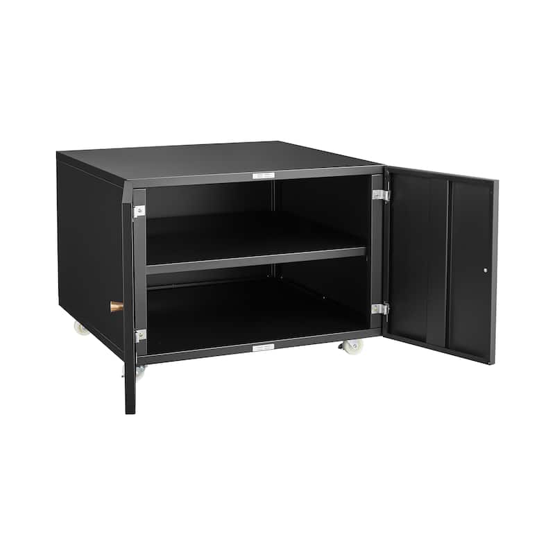 Black cabinet with 2 door and a sturdy steel printer stand