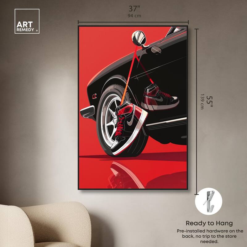 Red Bold Sneaker and Car Canvas by Art Remedy